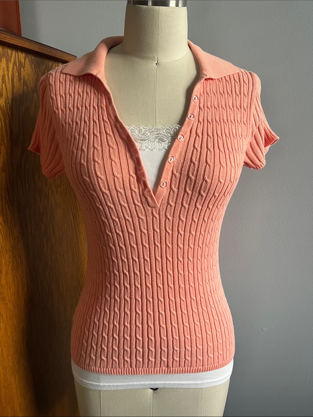 Fashion Bug Peach Cable Knit Short Sleeve Polo